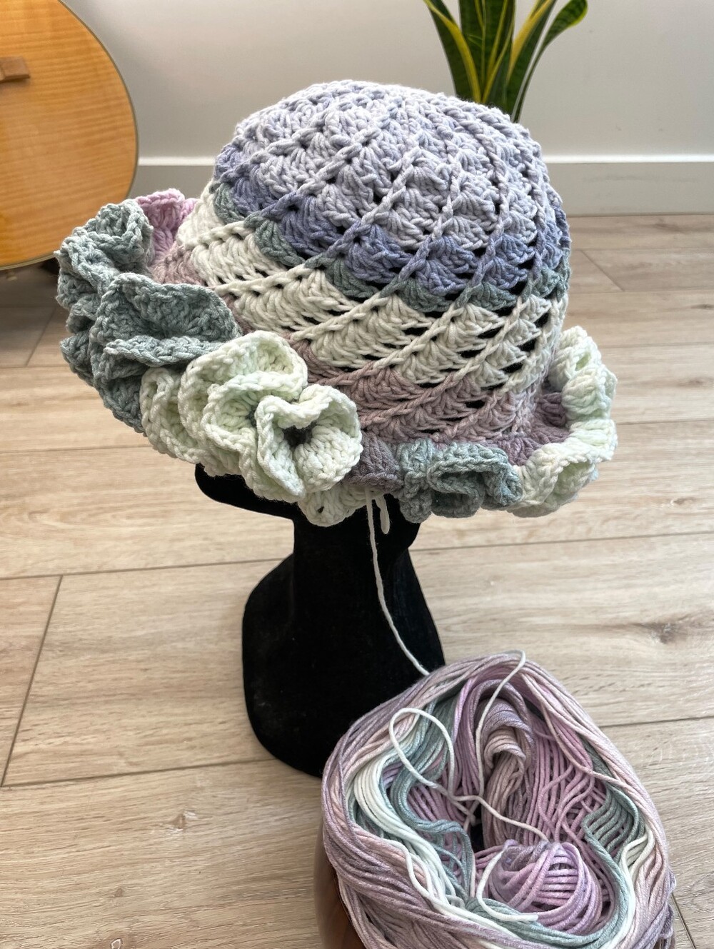Handcrafted Crochet | Sculptural Ruffle Trim Hat |  Pastel Tones - Picture 5 of 9